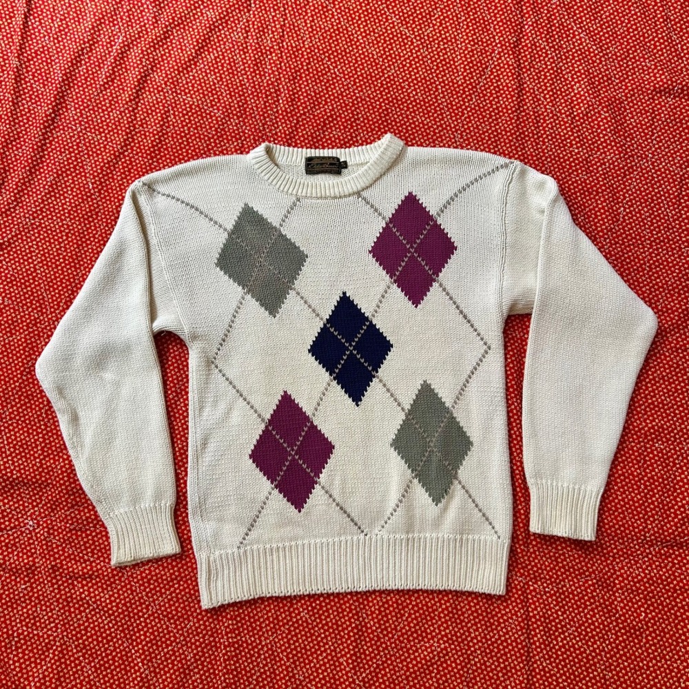 Vintage Eddie Bauer Mens Argyle Knit Sweater Off White Cream Medium Cotton